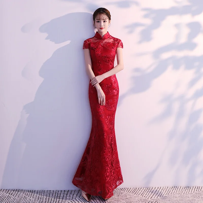 

Lace Mermaid Chinese Style Lady Cheongsam Long Tight Elegant Dress Big Size 3XL Vestidso Vintage Red Bride Wedding Qipao S-203