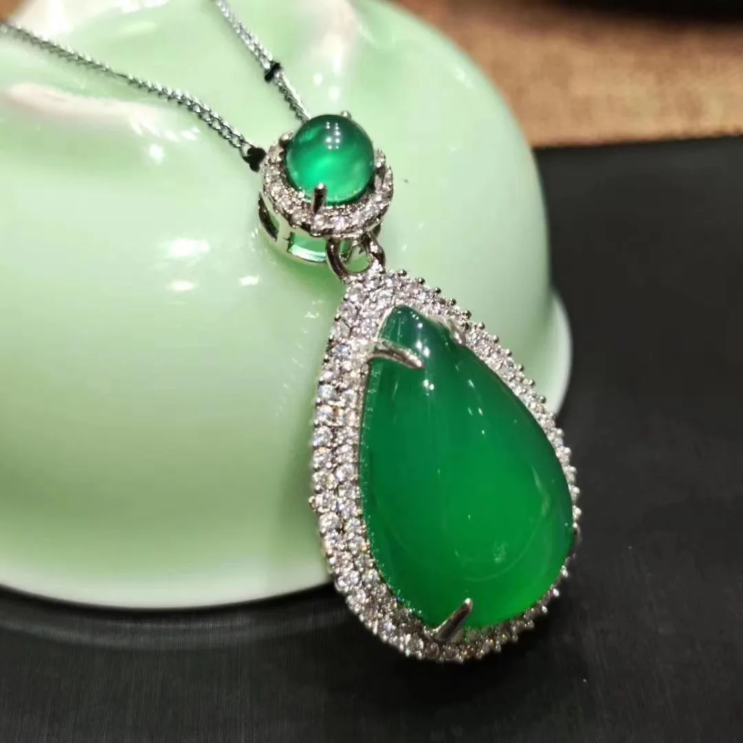 Оптовая продажа ожерелье из серебра 925 пробы с зеленым халцедоном и подвеской в