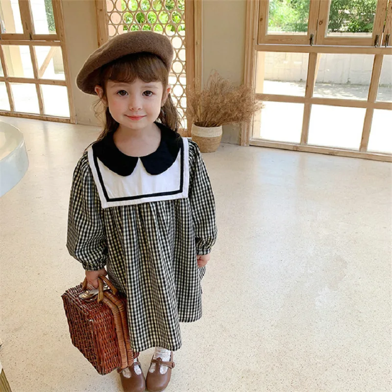 

Kids Girls Sailor Collar Plaid Dress 2022 Spring New Children Cotton Casual Clothing Fashion Cute, #9399