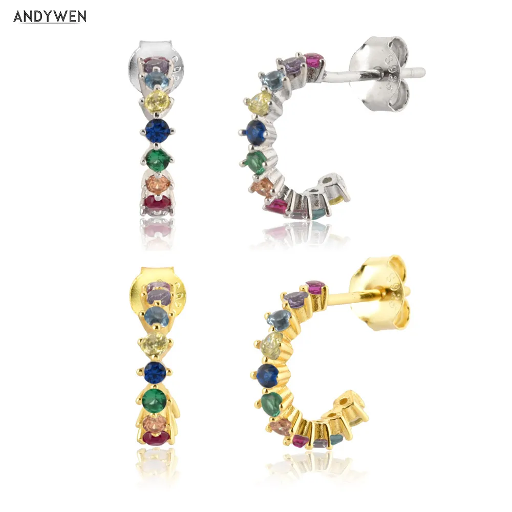 

ANDYWEN 925 Sterling Silver Rainbow Zircon CZ Circle Hoops Earring 2021 Fine Jewelry Rock Punk Luxury Crystal Jewels For Women
