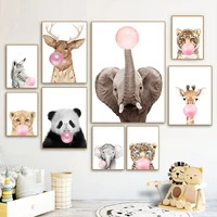 elephant panda deer animal nursery poster pink bubble canvas painting print wall art pictures for baby kids children living room