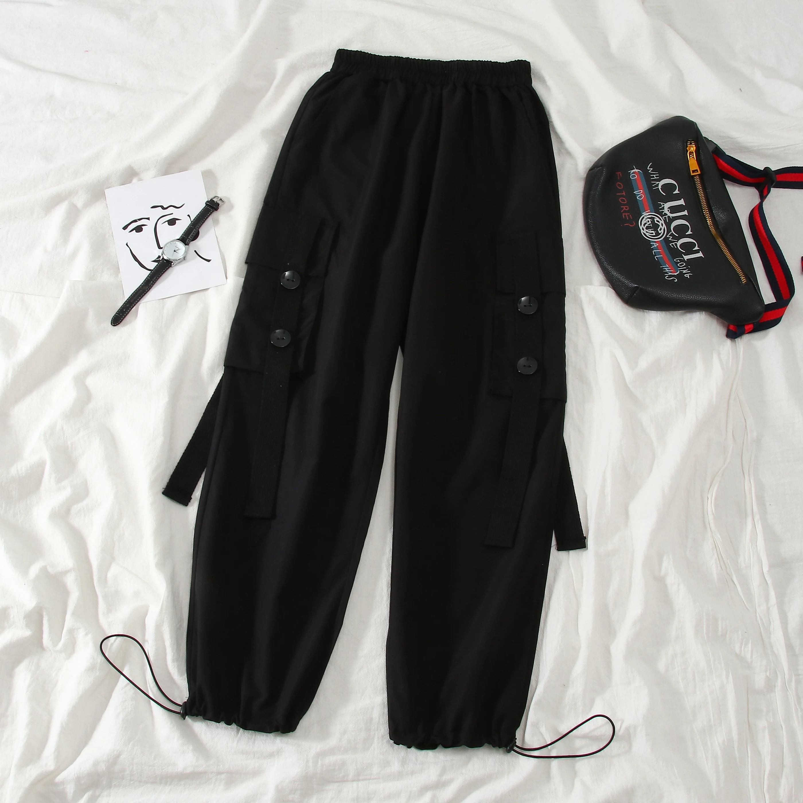 

Spring Women's High Waist Cargo Pants Loose Casual Two-piece Suit Pocket Jogger Elastic Waist High Streetwear Pants