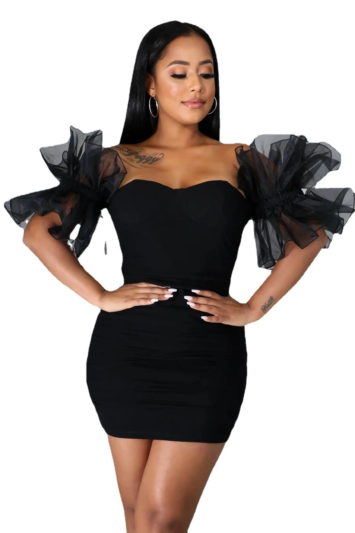 

SSEURAT Women Mini Dress Solid Mesh Short Sleeve Strapless Sheath Elastic Dresses Sexy Night Vestidos