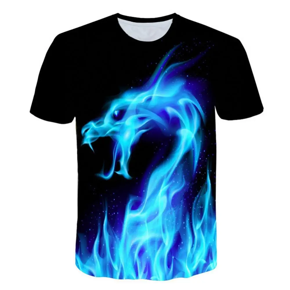 

Cool Men 3D Blue Flame Dragon Print T-Shirt Summer Short Sleeve Round Neck Top