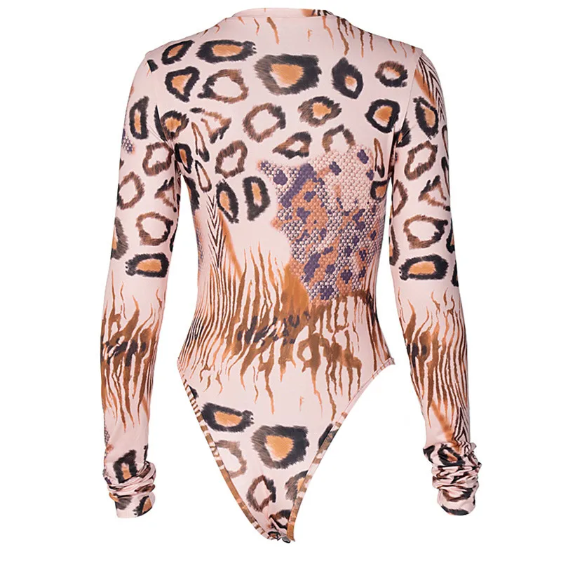 

Sexy Leopard Women Bodysuit Romper Long Sleeve High Neck Ladies Slim Jumpsuit Elastic One-piece Pantsuit Female