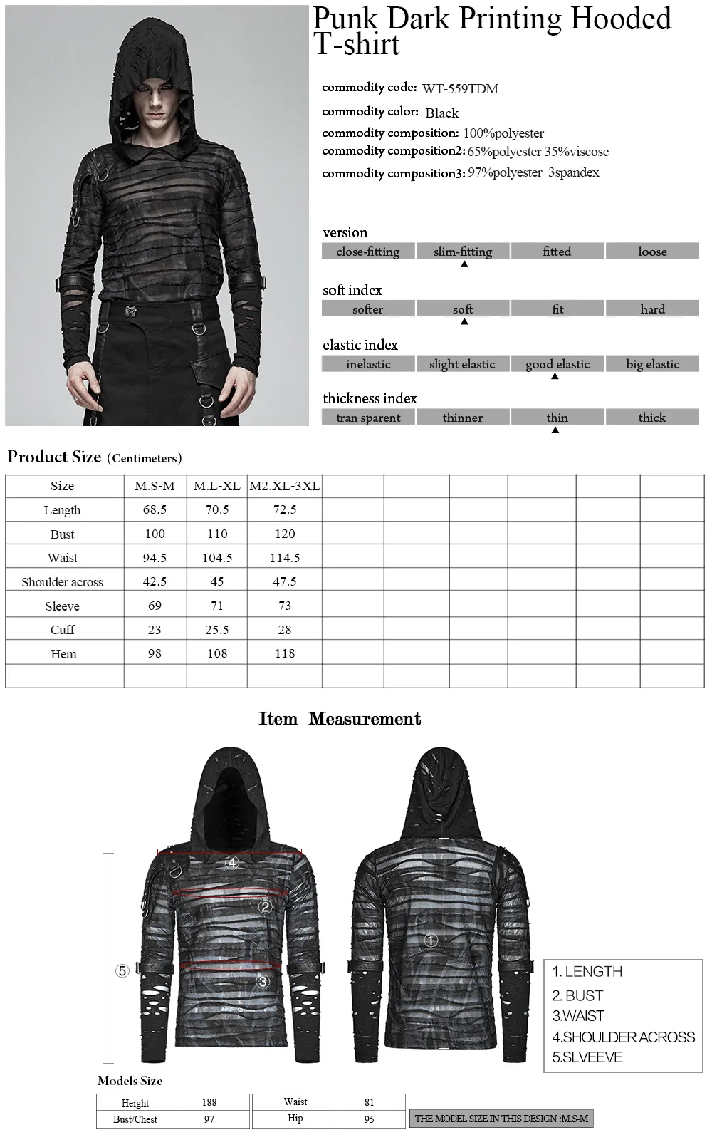 

PUNKRAVE Men's Punk Dark Printing Hooded T-shirt Steampunk Personality Printing Hoodies Long Saleeve Top