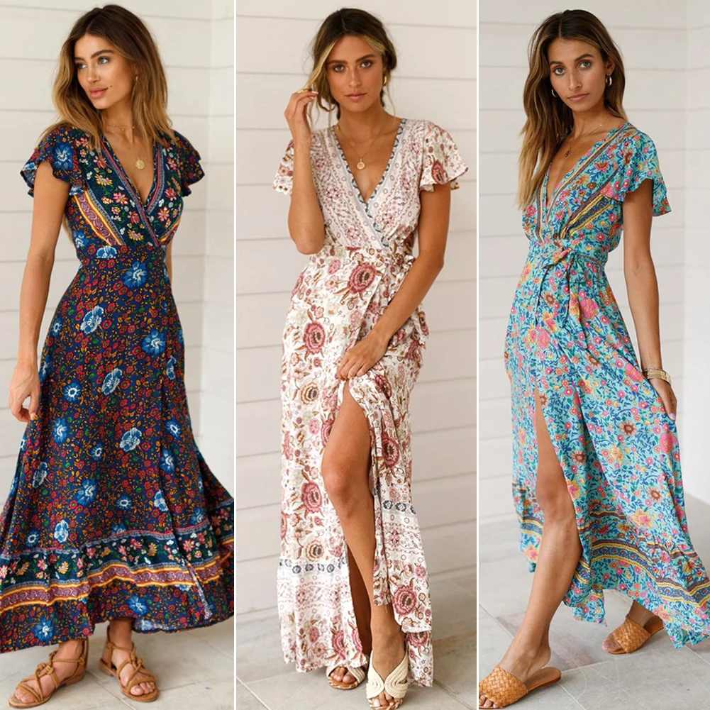 

Pullover Holiday Floral Summer Long V Neck Beach Front Split Fashion Casual Ruffle Sleeve Sexy Women Dress Cotton Blend