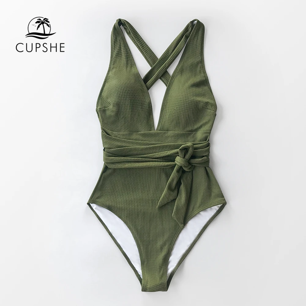 CUPSHE Olive Textured One-Piece Swimsuit Women Sexy V-neck Lace Up Backless Monokini 2020 Girls Beach Bathing Suit Swimwear | Спорт и