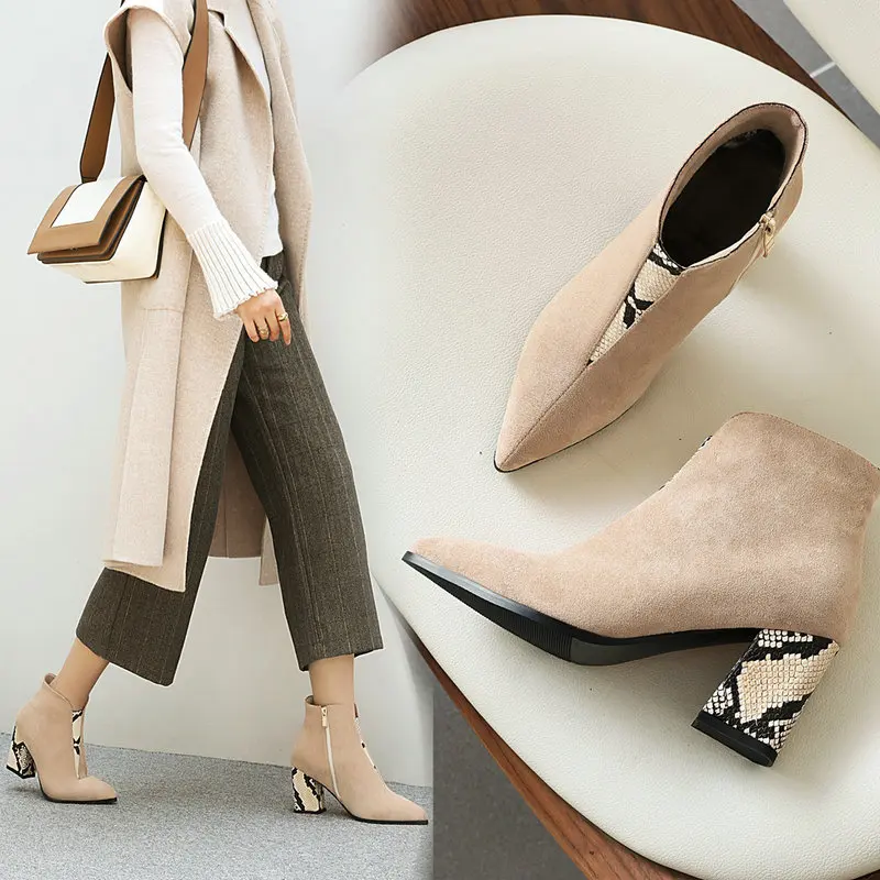 

Ankle Boots printed thick High Heel ladies boots Zipper Concise Autumn Winter Women party wedding Shoes Size 34-43