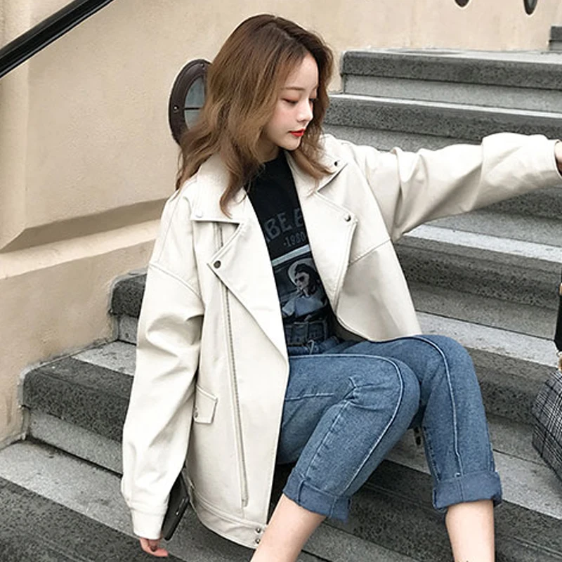 

Casual Solid Faux Leather Coat for Women Plus Size Turn Down Collar Ladies Pu Leather Jacket Female Moto Biker Zipper Streetwear