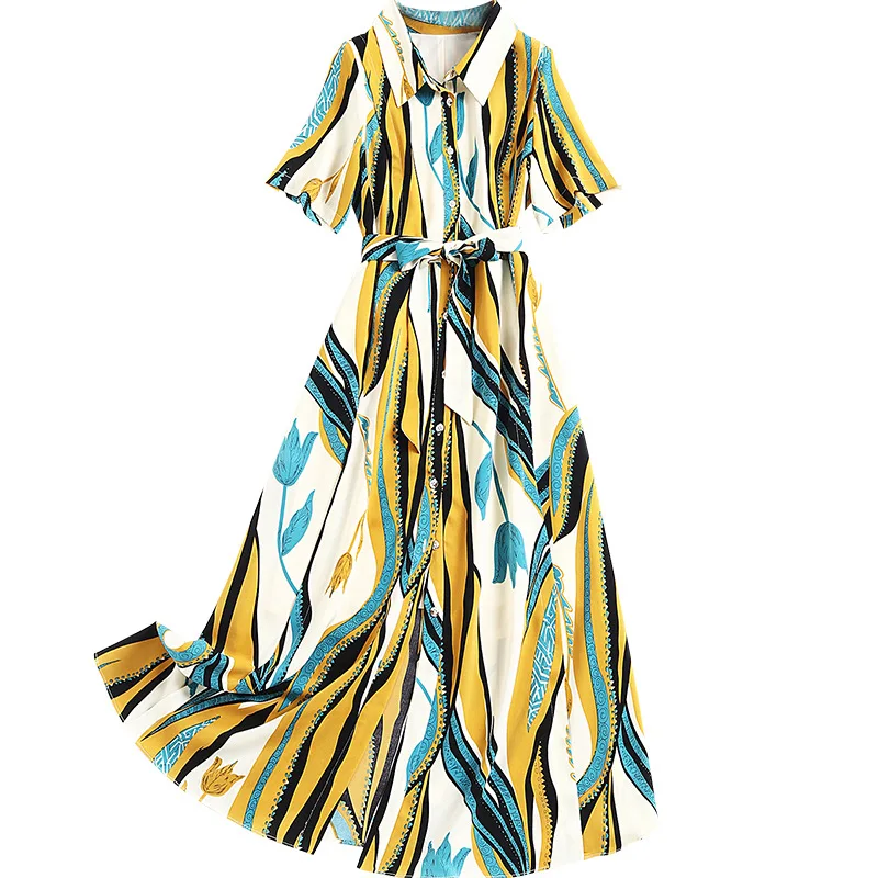 

SHUCHAN Bohemian Print Dresses Summer 2021 Long A-LINE Sashes Mid-Calf Turn-down Collar Boutique Women Clothing