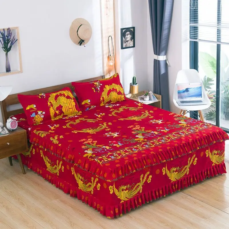 

2021 Three-layer Lace Wedding Red Soft Bed Skirt Summer Cotton Bed Cover Skirt King Queen Size (With Pillowcase 2 Pcs)