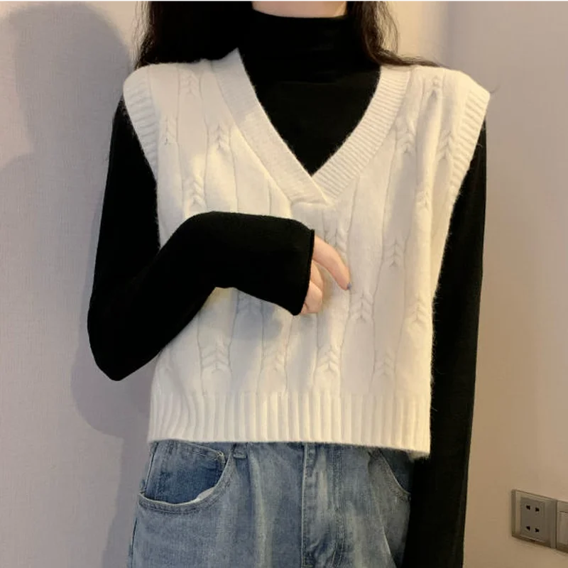 

Sweater Vest Women Sleeveless Knitting Simple College Preppy Harajuku All-match V-neck Retro Spring Fall Female Lady Chic Solid