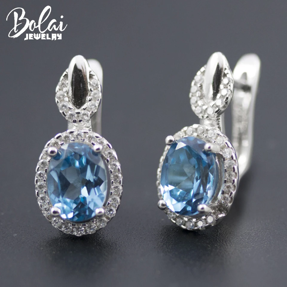 Женские серьги гвоздики Bolai Oval London с голубым топазом Настоящее серебро 925 пробы