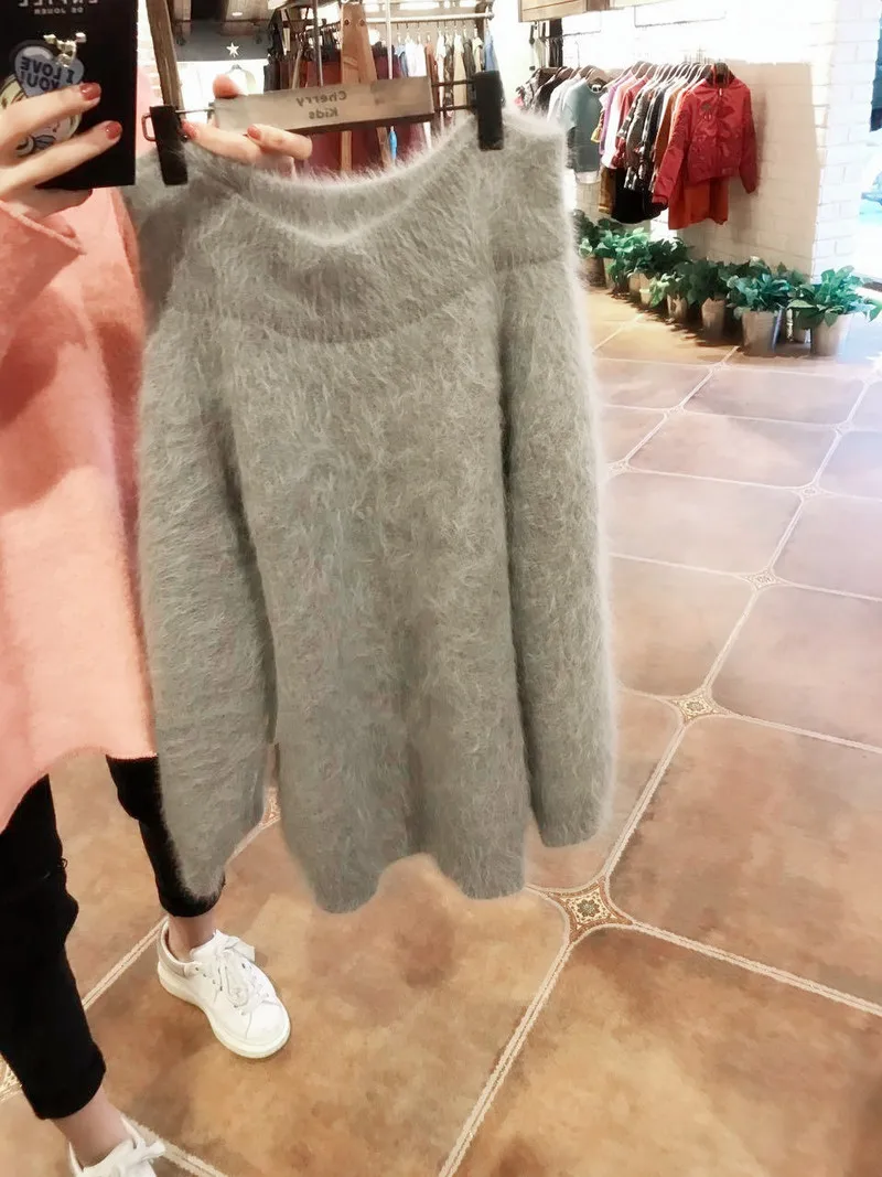 2018 Autumn Winter Women Off The Shoulder Sweater Faux Mink Cashmere Korean Long Loose Solid Color Pullover | Женская одежда