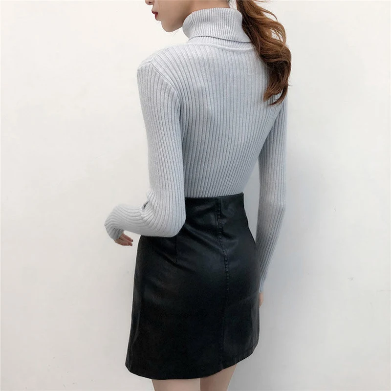 

2021 Winter Women Sweater Long Sleeve Black Knitted Sweater Women Turtleneck Pullover Sweater Female Slim Color Solid Jumper