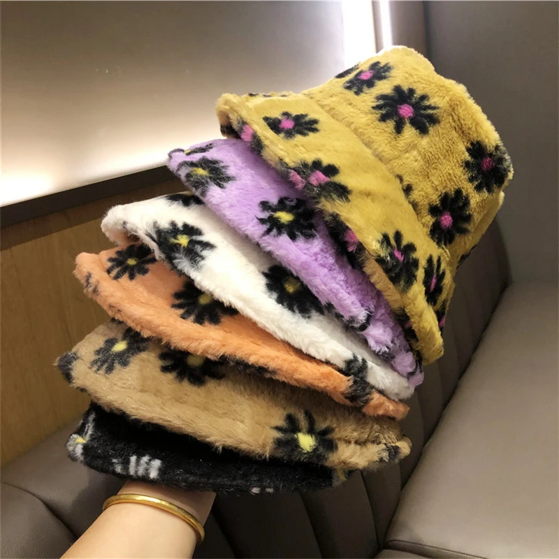 Japanes New Winter Daisy Faux Fur Bucket Hat For Women Thick Warm Hat Lady Outdoor Travel Panama Girls Soft Velvet Fisherman Hat
