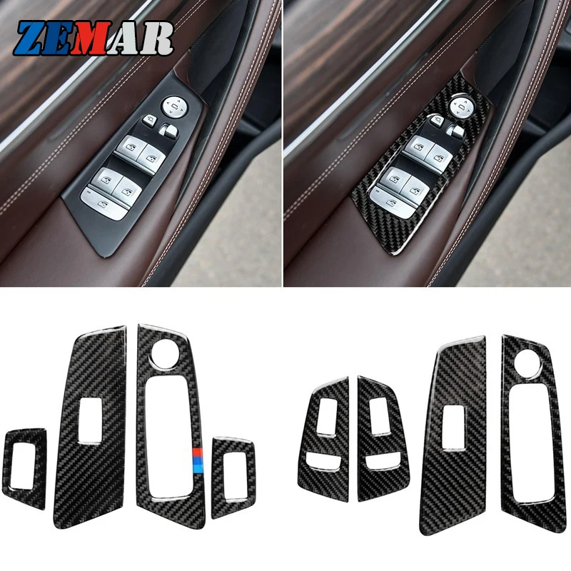 

ZEMAR 1set Carbon Fiber Sticker Trim For BMW G30 G31 5 series Car window Lift panel Decal Stickers covers Interior Accessories