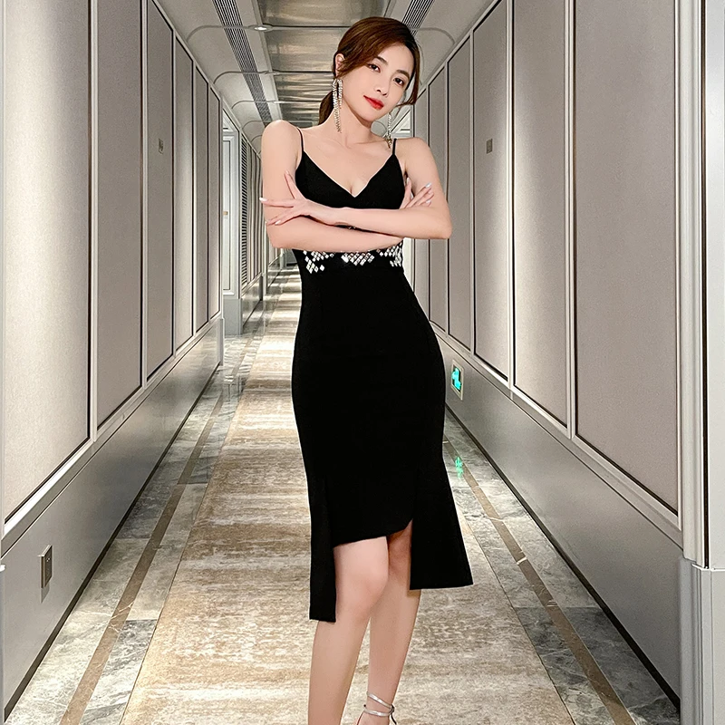 

ECRURANI Elegant Dress For Women V Neck Sleeveless High Waist Bodycon Tunic Slim Party Dresses Female Summer Clothing 2021 Tide