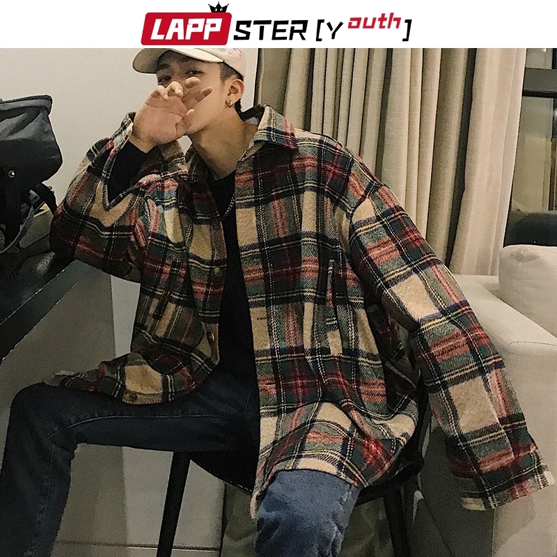 LAPPSTER-Youth мужские уличные Клетчатые Шерстяные Пальто Harajuku винтажные корейские стильные куртки пальто мужские s хип хоп куртки ветровки