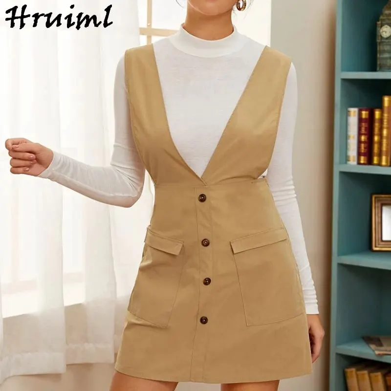 

Dress Streetwear V Neck Wild Solid Pocket Party Casual Classy Woman Dress Slim Button Sleeveless Mini Elegant Holidays Dresses