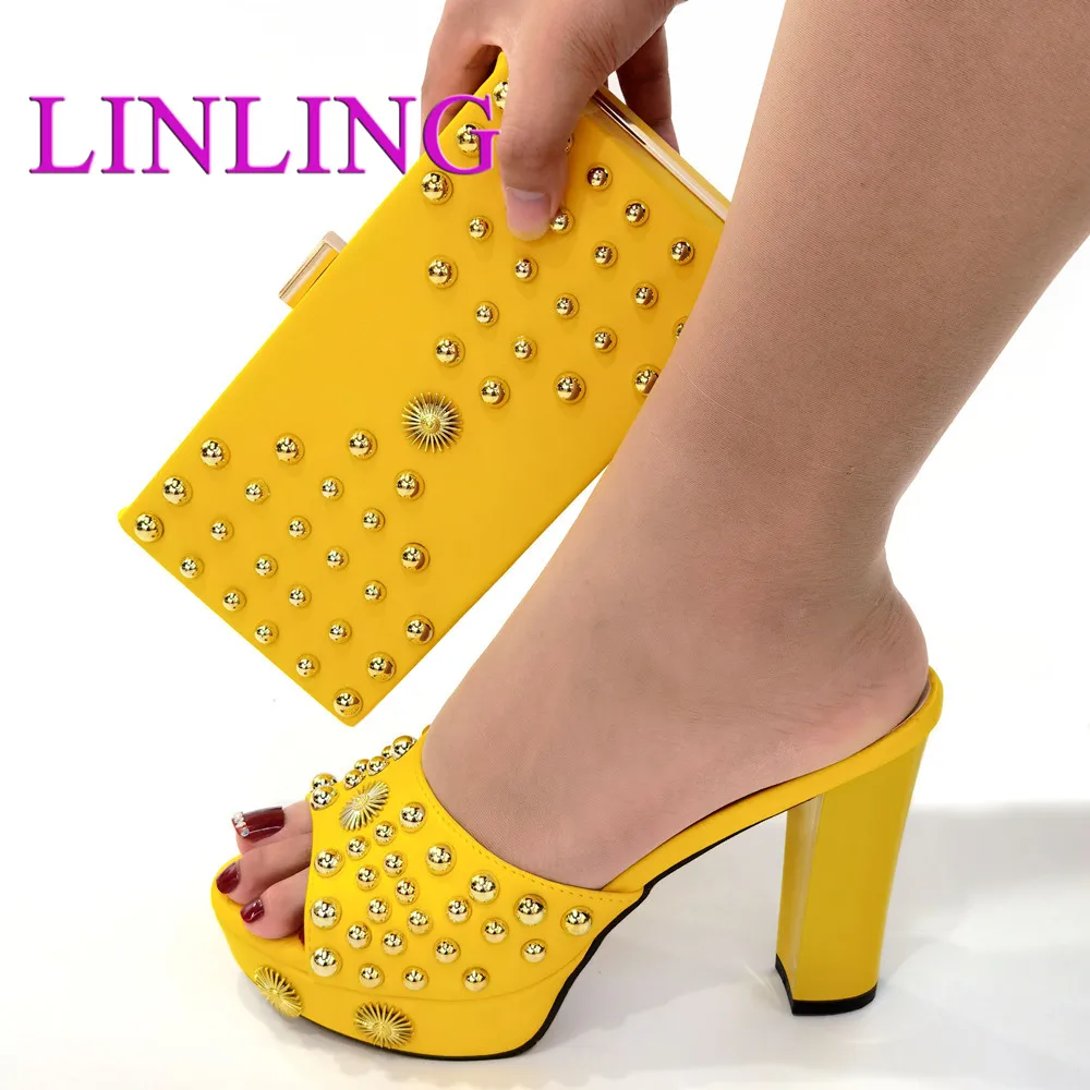 

New Arrival Noble Italian Design Yellow Color Crystal Elegant Style Ladies Shoes and Bag Set Decorated With Rhinestone