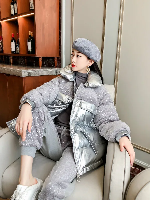 

Cotton-padded Jacket Suit 2020 Winter Sequins Splicing Drawstring Waist Cotton Coat+casual Pants Two-piece Women's Clothing