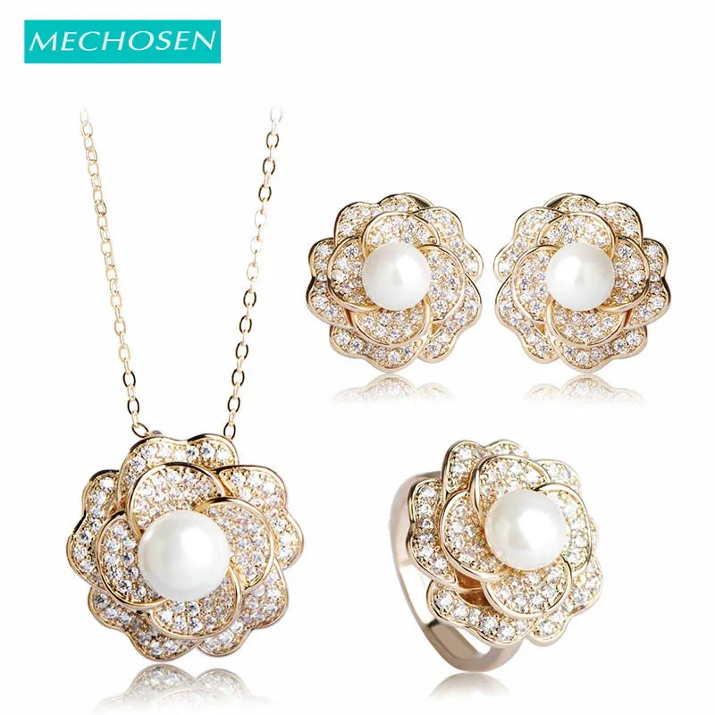MECHOSEN Luxury AAA Zircon Necklace&ampEarrings&ampRing Set Multilayer Rose Flower Pendientes Copper Brincos Pearl Anel Bridal Schmuck |