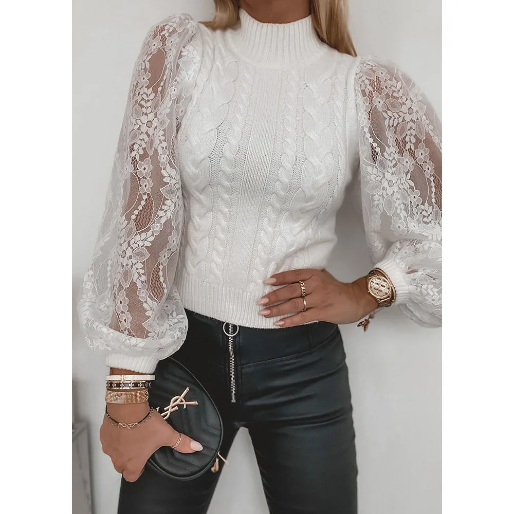 

Hot Sale Autumn And Winter New Fashion Sexy Half High Neck Twist Stitching Lace Lantern Sleeve Knitted Sweater