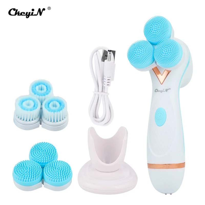

CkeyiN 3D Silicone Waterproof Face Spin Cleaning Brush Set Blackhead Removal Acne Pore Cleanser Rejuvenation Massager with Base