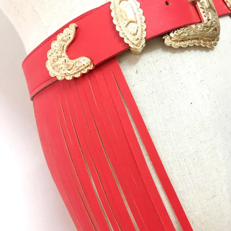 

2021New Fashion Pu Leather Long Tassel Punk Personality Girdle Double Metal Buckle Decoration Belt Women Fashion Tide All-match