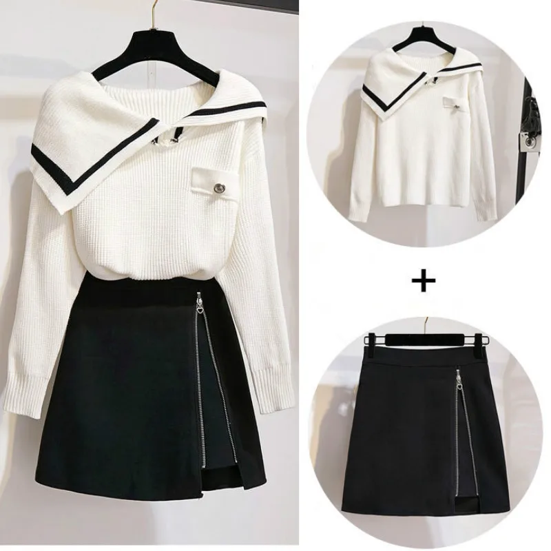 

2021 Spring White Knitted Sweater Black Mini Skirt Suit Women College Style Off Shoulder Loose Lapel Pullover Sweater Skirt Suit