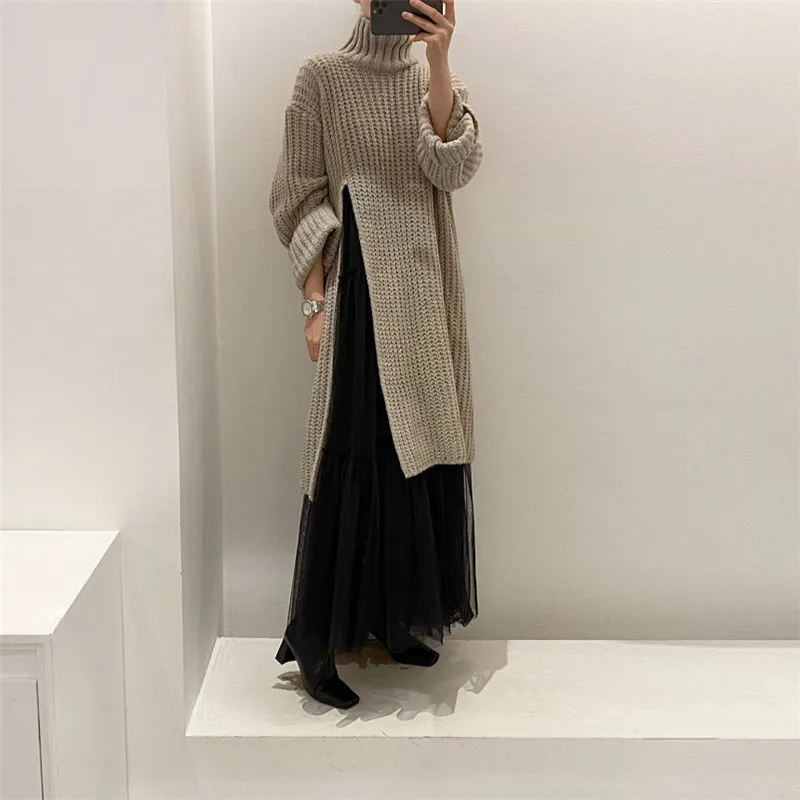 

Chic Solid Turtleneck Front Split All-match Long Knitted Sweater Winter All-match Soft Comfort Jumper Minimalist Fashion
