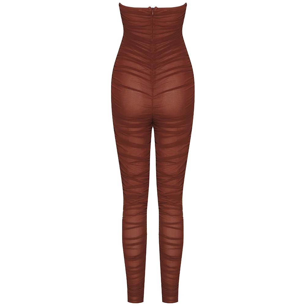 

Women Sexy Strapless Lace Mesh Ruched Brown Jumpsuit 2021 Bodycon High Street Celebrity Boot Cut Jumpsuit Rompers