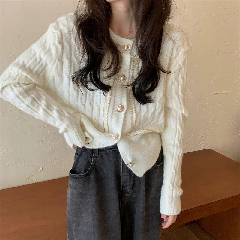 

Зимний вязаный свитер с узором, Женские Вязаные Короткие кардиганы с круглым вырезом и пуговицами, корейские свободные винтажные шикарные ...