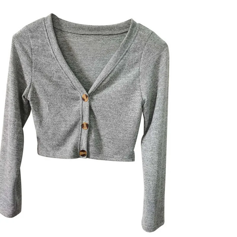

2020 New Autumn Womens Short Crop Tops Slim Long Sleeve V-neck Crop Top Long Sleeve Buttons Solid Color Top Womens Slim Cardigan