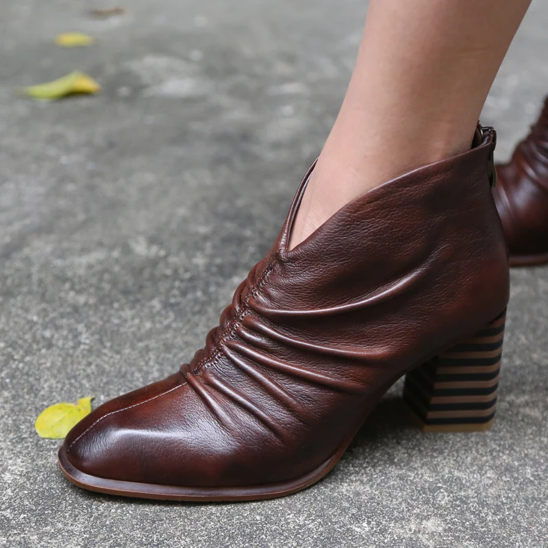 Женские ботильоны ручной работы из натуральной кожи плиссированные элегантные