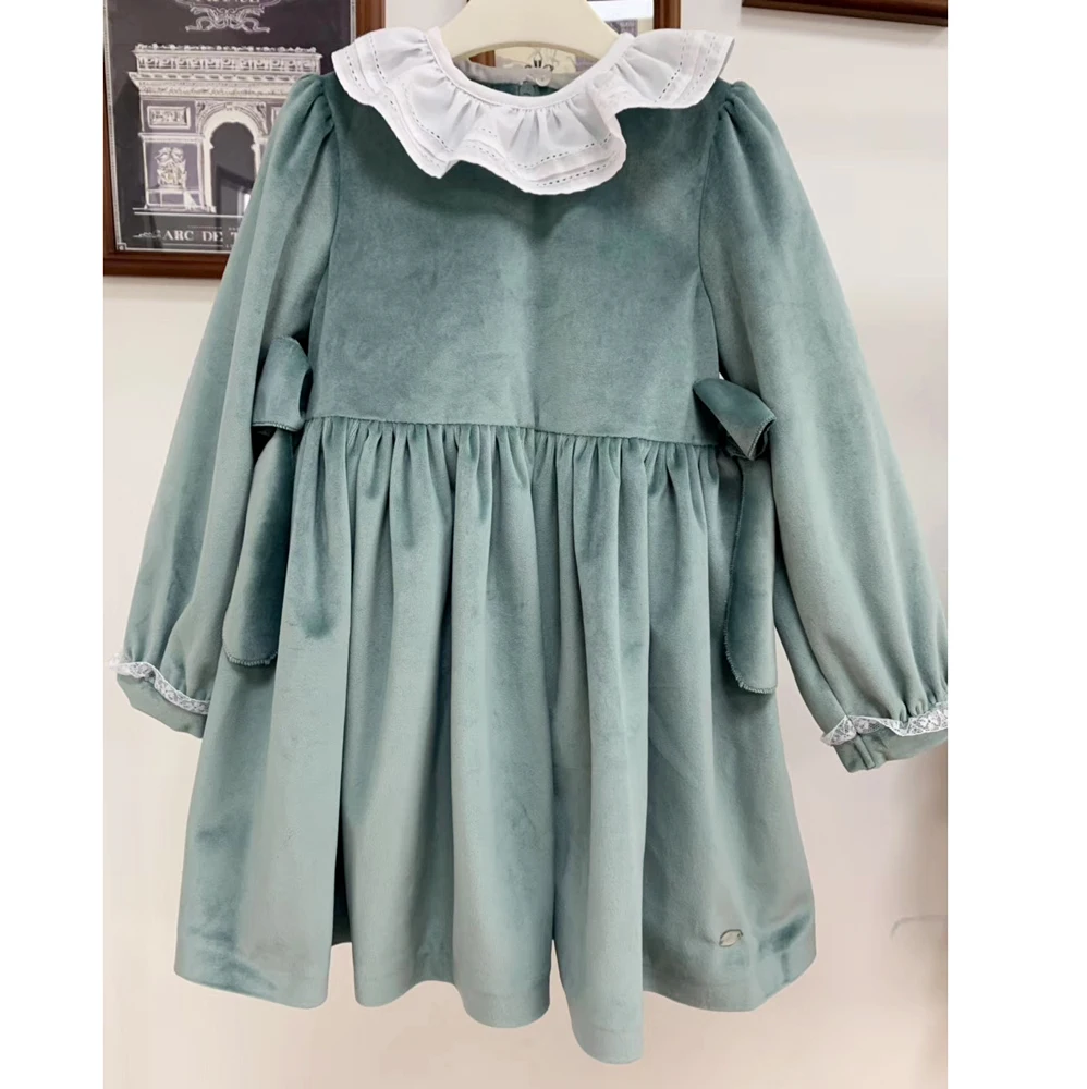 Spanish children's dress baby girl 1-5 years princess dresses hat cotton long sleeve green velvet for Autumn winter | Детская одежда