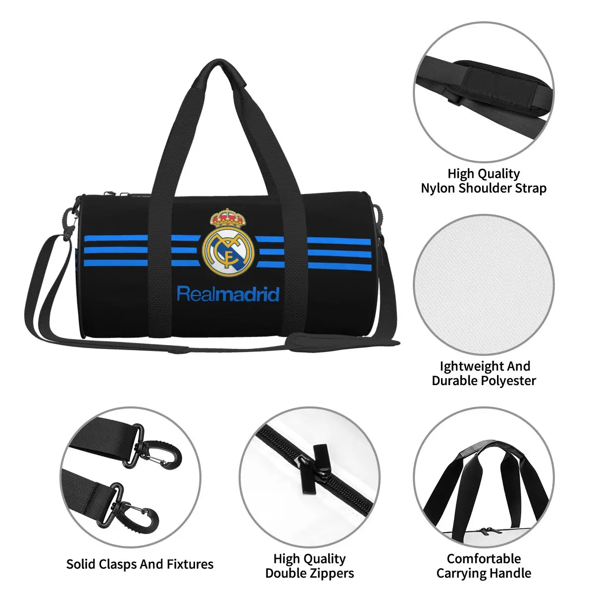 

Real Madrid. Universal travel sports and fitness shoulder bag. Nylon portable outdoor sports bag. Dry and wet separation bag