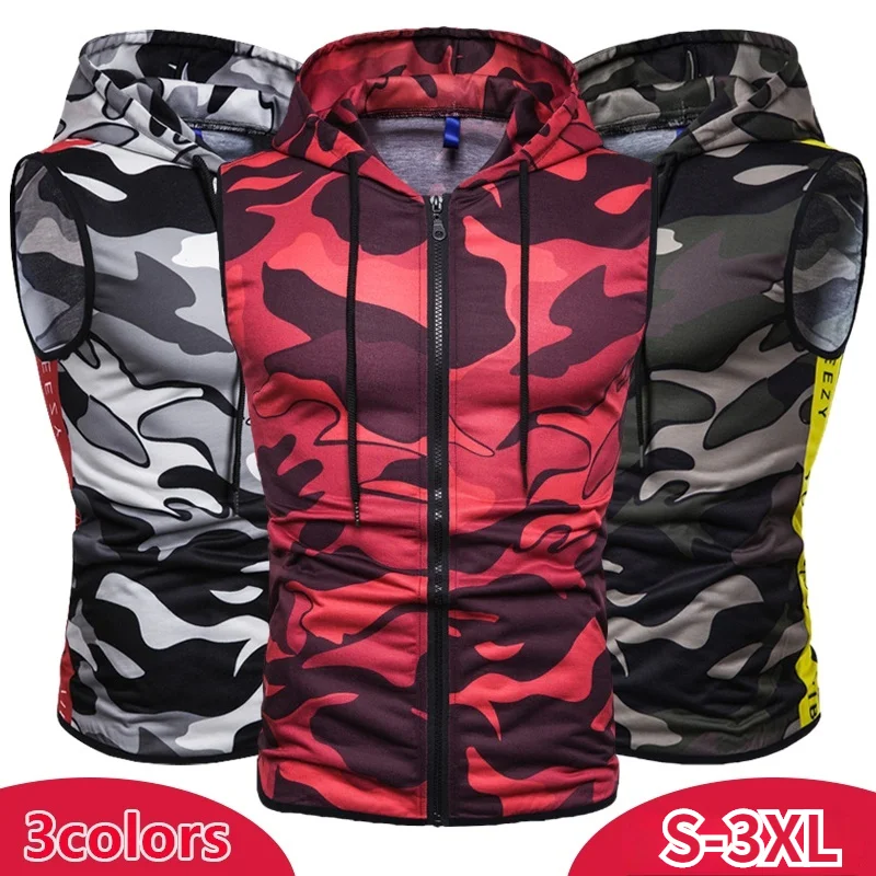 New Men's Red Camouflage Zipper Hooded Sleeveless Camouflage Printed Fitness Sports Vest