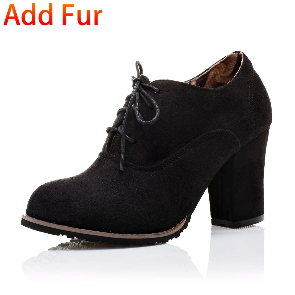 Sarairis Large Size 31-48 Autumn Fashion Ladies High Heels Shoelaces Shoes Woman Casual Office Lady Pumps Women Booties - Цвет: black add fur