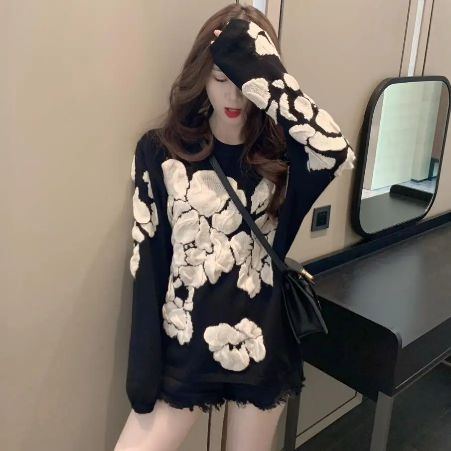 

Autumn 2020 new women's loose outer wear lazy retro Hong Kong-flavored jacquard sweater women's pullover handsome top trendy