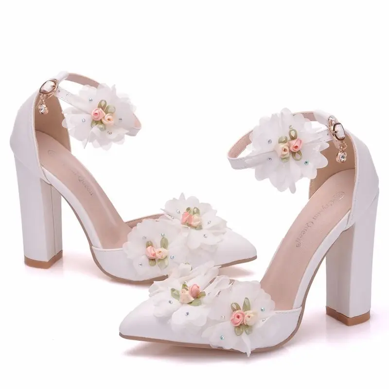 

women sandals wedding Party Lace PU Rhinestones Buckle Strap 10.5CM Thick High heel Pointed Toe Flowers women shoes size 35-42