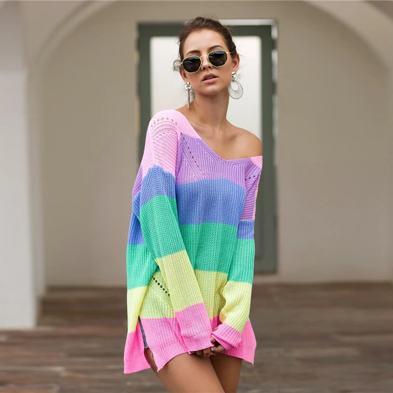 SHEIN Радуга Полосатый Падение плеча Длинный свитер женские топы осень уличная одежда с длинным рукавом V шеи негабаритных Сплит свитера