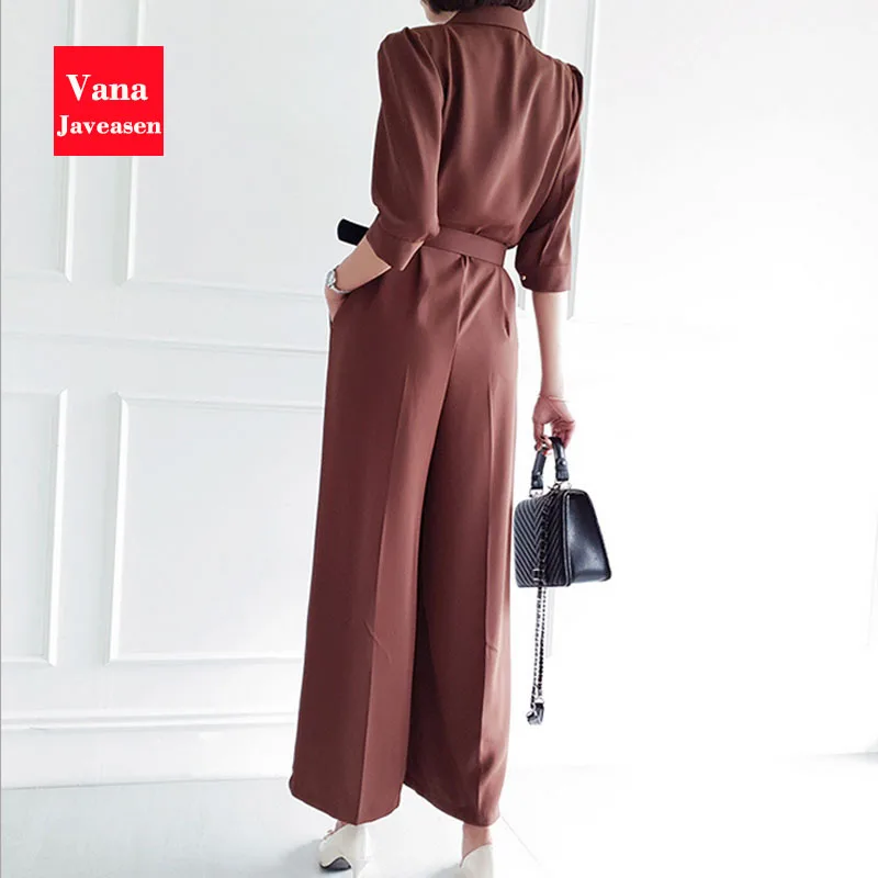 Женский офисный комбинезон с пятью точками коричневый Облегающий широкими