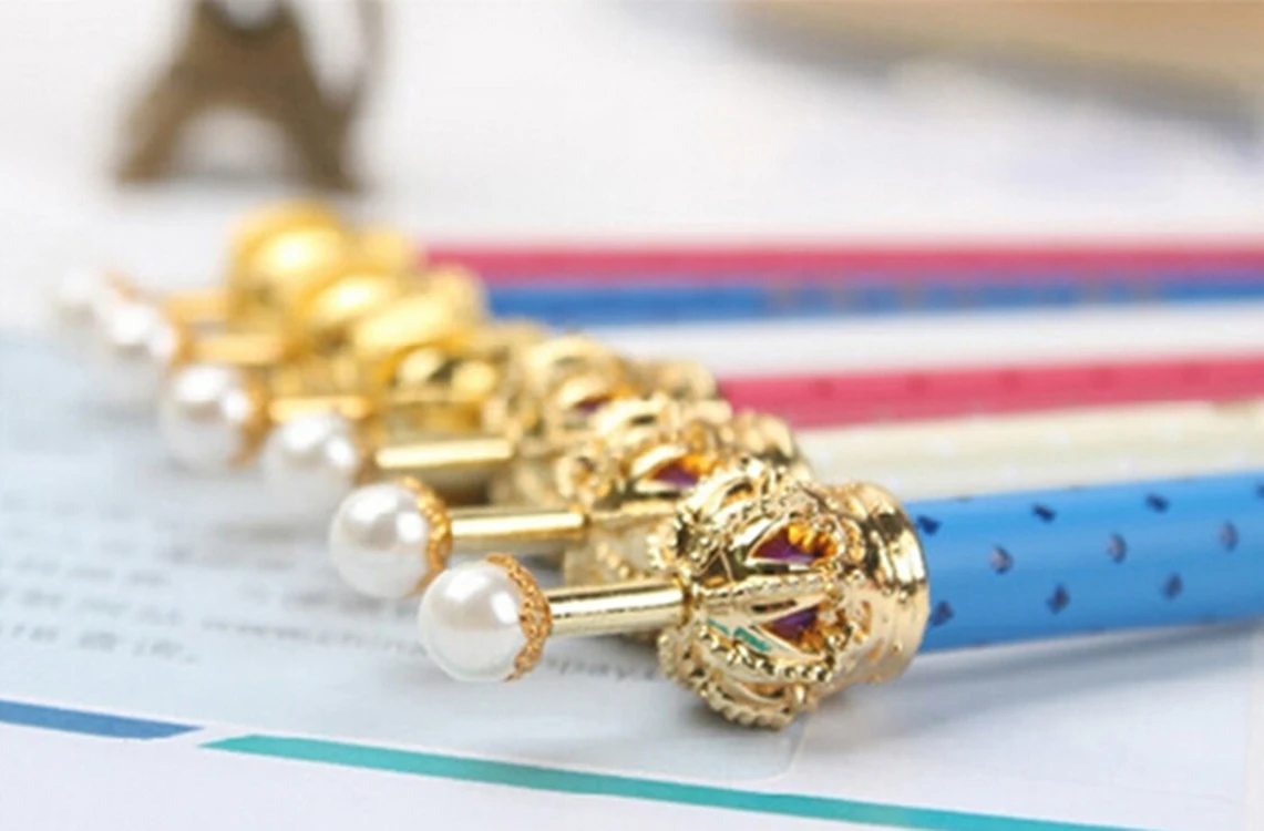 10x Colourful Crown Blue Ink Elegant Cute Pearl Gel Pen Office Supply Gift |
