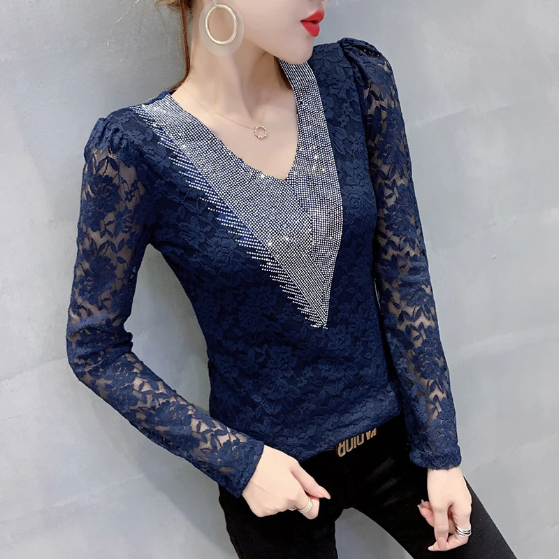 

#5635 Blue Red Black Brown Lace T Shirt Women V-Neck Diamonds Sexy Hollow Out Long Sleeve Tshirt Slim Stretch T Shirt Female