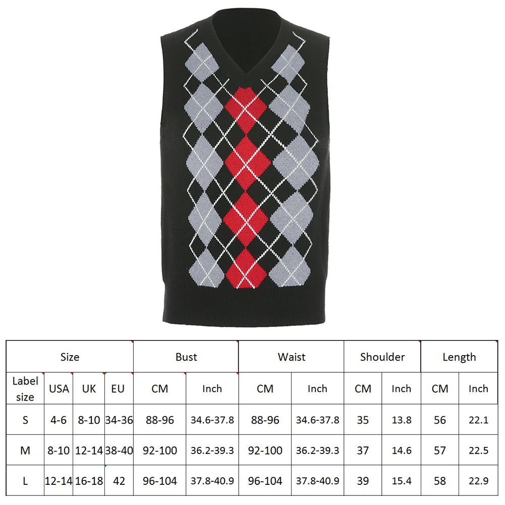 

Sweater Vest Outfits Aesthetic-Tops Argyle Plaid Preppy-Style Autumn Women V Neck Korea Style Vintage Harajuke Tops