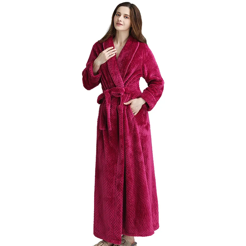 

Winter Women Kimono Bath Gown Flannel LengthenSleepwear Turn-Down Collar Robe Leisure Nightgown Long Sleeve Nightwear Home Dress