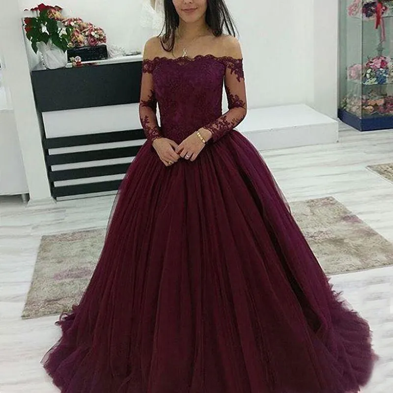 

Burgundy Long Sleeve Quinceanera Dresses Ball Gown Off Shoulder Prom Debutante Sixteen 15 Sweet 16 Dress vestidos de 15 anos